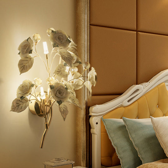 Pastoral Ceramic 3-Light Flower Wall Sconce For Bedroom - White/Red/Green White