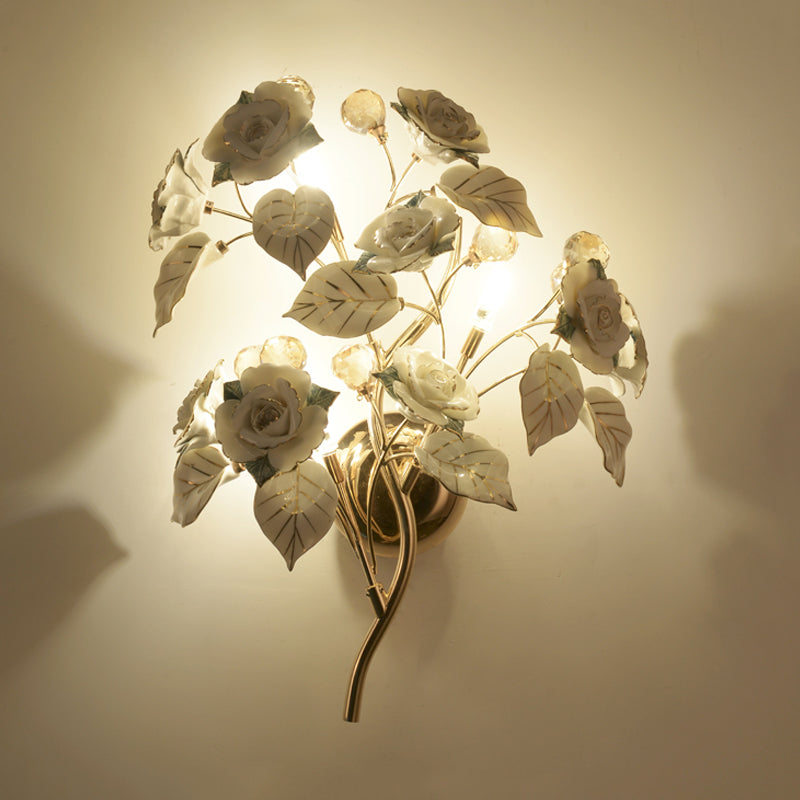 Pastoral Ceramic 3-Light Flower Wall Sconce For Bedroom - White/Red/Green