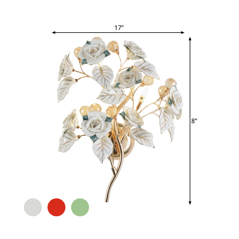 Pastoral Ceramic 3-Light Flower Wall Sconce For Bedroom - White/Red/Green