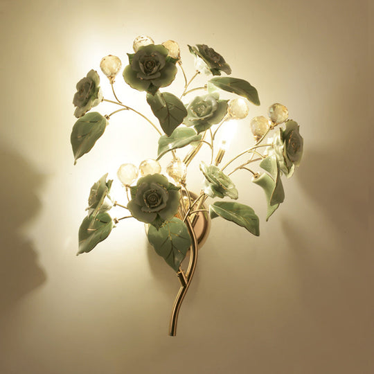 Pastoral Ceramic 3-Light Flower Wall Sconce For Bedroom - White/Red/Green