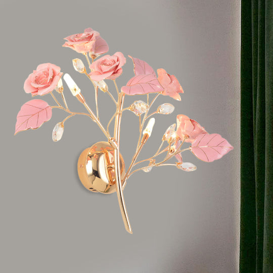 Romantic Red/White/Pink Rose Blossom Sconce With 2 Lights - Ceramic Wall Mount Lamp For Hotels Pink