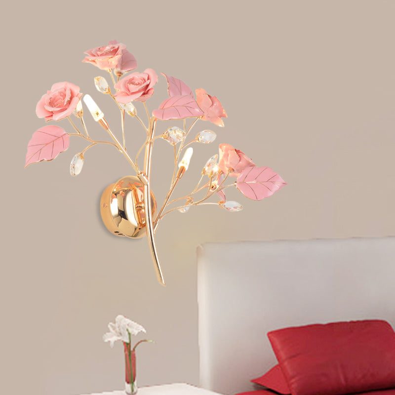Romantic Red/White/Pink Rose Blossom Sconce With 2 Lights - Ceramic Wall Mount Lamp For Hotels