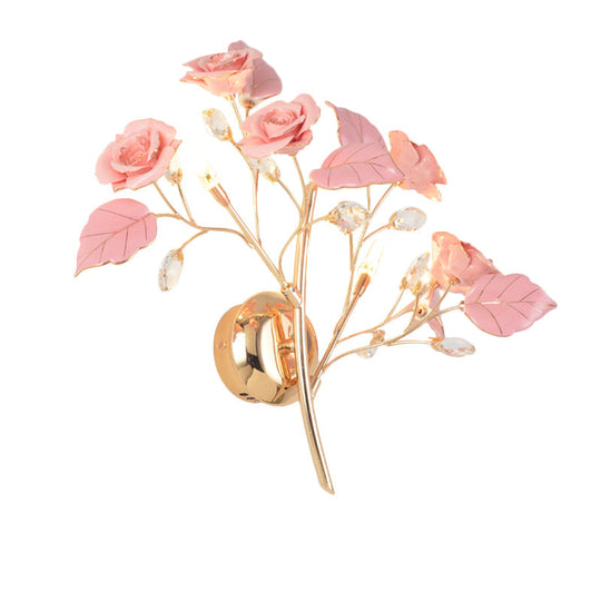 Romantic Red/White/Pink Rose Blossom Sconce With 2 Lights - Ceramic Wall Mount Lamp For Hotels