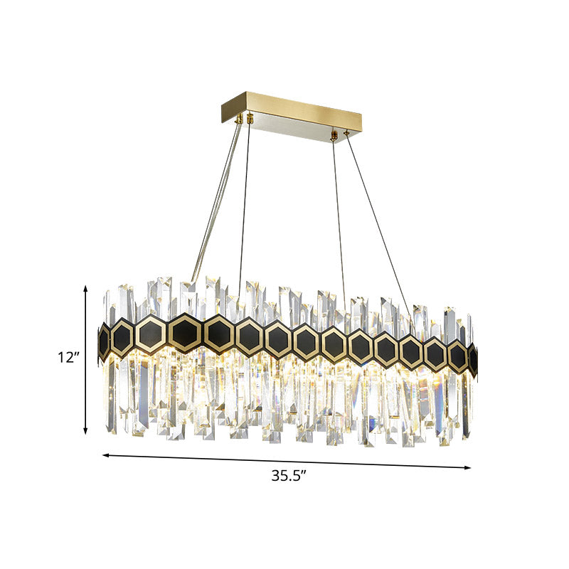 Fluted Crystal Island Lamp: Mid-Century Led Pendant Light In Black-Gold For Dining Room