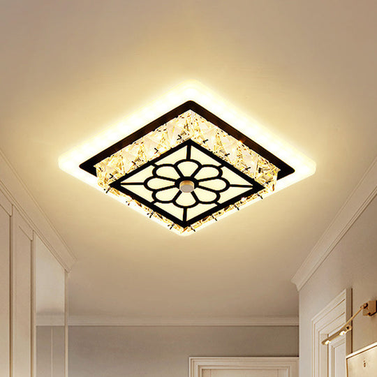 Modern Black Floral Pattern Crystal Led Ceiling Light - Beveled Round/Square Flushmount Lamp For