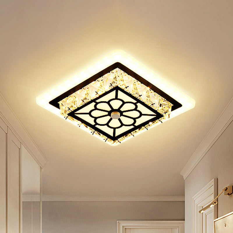 Modern Black Floral Pattern Crystal Led Ceiling Light - Beveled Round/Square Flushmount Lamp For