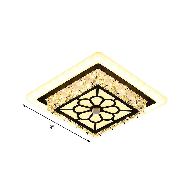 Modern Black Floral Pattern Crystal Led Ceiling Light - Beveled Round/Square Flushmount Lamp For