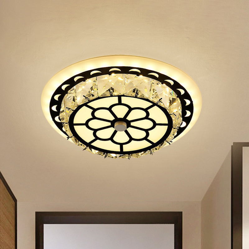Modern Black Floral Pattern Crystal Led Ceiling Light - Beveled Round/Square Flushmount Lamp For
