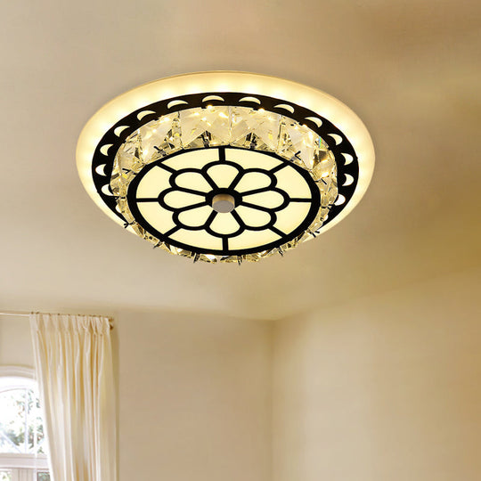 Modern Black Floral Pattern Crystal Led Ceiling Light - Beveled Round/Square Flushmount Lamp For