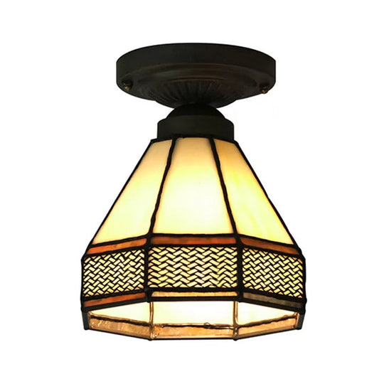 Mission Style Antique Brass Stained Glass Ceiling Light Fixture - Mini Semi Flush 7’H X 6.5’D