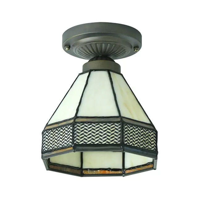 Mission Style Antique Brass Stained Glass Ceiling Light Fixture - Mini Semi Flush 7’H X 6.5’D
