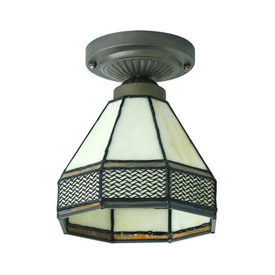 Mission Style Antique Brass Stained Glass Ceiling Light Fixture - Mini Semi Flush 7’H X 6.5’D