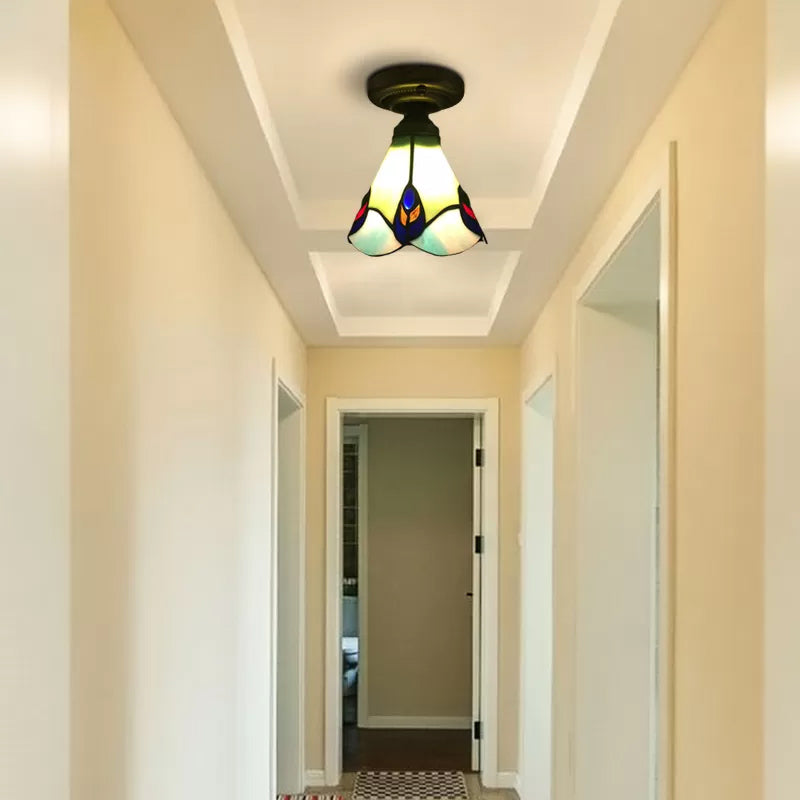 Tiffany Style Floral Semi Flush Ceiling Light Fixture In Aged Brass For Bedroom - Stained Glass