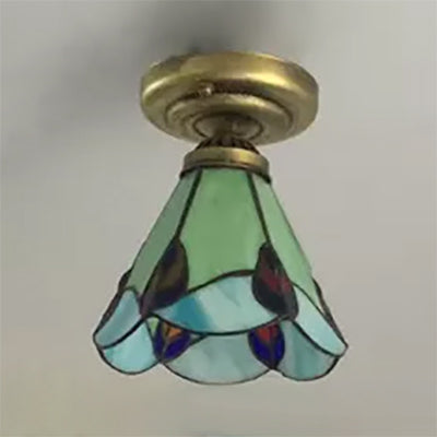 Tiffany Style Floral Semi Flush Ceiling Light Fixture In Aged Brass For Bedroom - Stained Glass