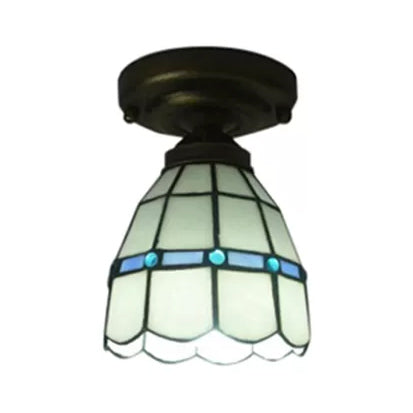 Tiffany Style Stained Glass Ceiling Light Fixture - White Floral Semi Flush Mount With Jewel