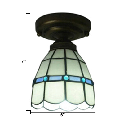Tiffany Style Stained Glass Ceiling Light Fixture - White Floral Semi Flush Mount With Jewel