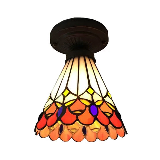 Bronze Mini Semi Flush Mount Tiffany Style Ceiling Light With Stained Glass Floral Shade - 8’H X 6’D