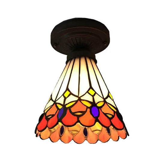 Bronze Mini Semi Flush Mount Tiffany Style Ceiling Light With Stained Glass Floral Shade - 8’H X 6’D