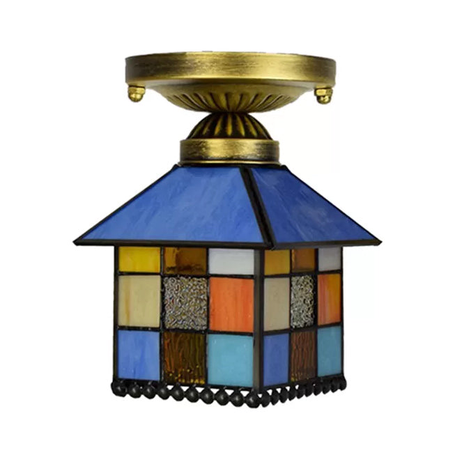 Antique Brass Tiffany Style Stained Glass House Ceiling Light - Flush Mount H11’ X D6
