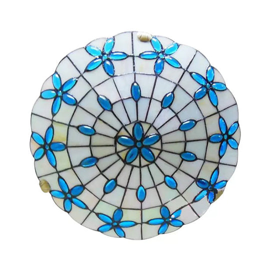 Tiffany Stained Glass Ceiling Light Blue - 3 - Lights Flushmount With Bowl Shade Jewel 5’H X 16’D