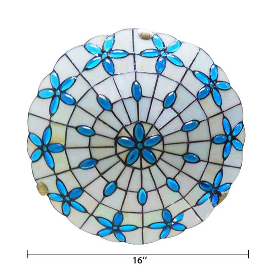 Tiffany Stained Glass Ceiling Light Blue - 3-Lights Flushmount With Bowl Shade Jewel 5H X 16D