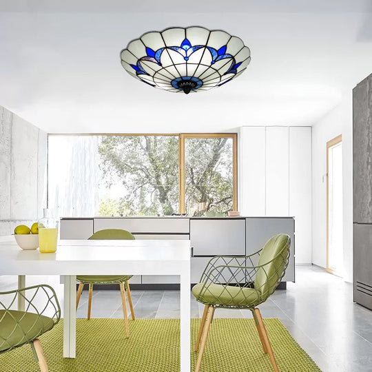 Blue Stained Glass Ceiling Light - Tiffany Style Floral Shade 3-Light Flush Mount For Bedroom White