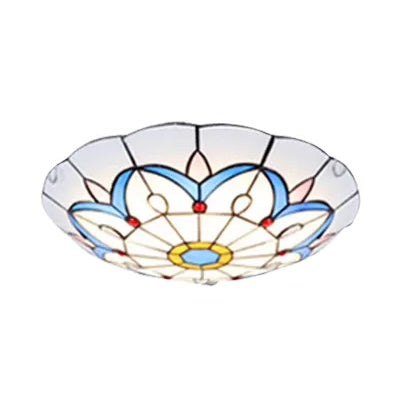 White Tiffany Ceiling Lights - 2 - Light Flush Mount Fixture With Art Glass Floral Shade And Jewel