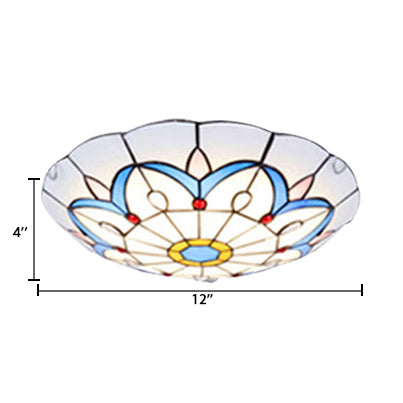 White Tiffany Ceiling Lights - 2-Light Flush Mount Fixture With Art Glass Floral Shade And Jewel