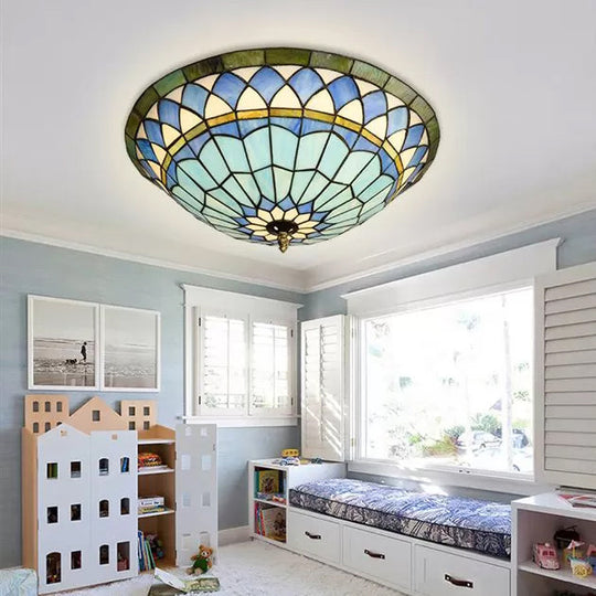 Tiffany Style Stained Glass Semi Flush Light - Blue Ceiling Fixture For Living Room 5’ H X 16’