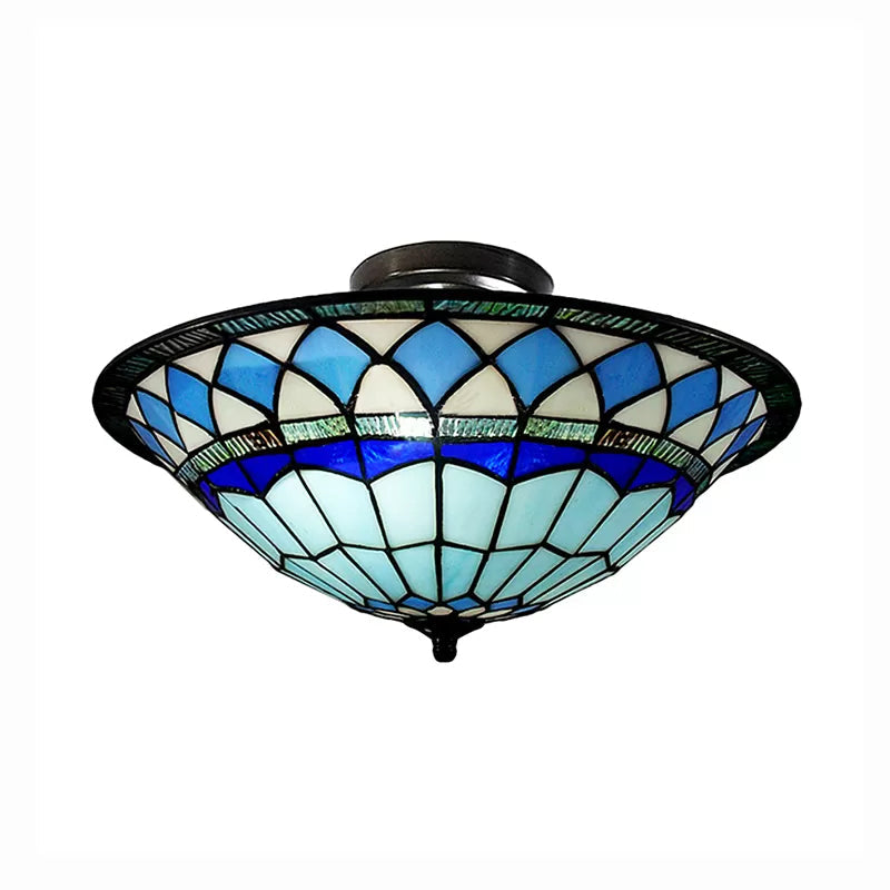 Tiffany Style Stained Glass Semi Flush Light - Blue Ceiling Fixture For Living Room 5’ H X 16’