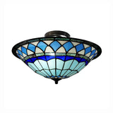Tiffany Style Stained Glass Semi Flush Light - Blue Ceiling Fixture For Living Room 5 H X 16 Dia