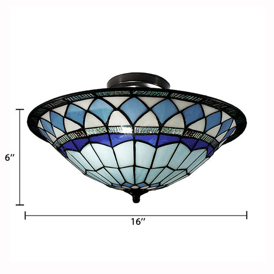 Tiffany Style Stained Glass Semi Flush Light - Blue Ceiling Fixture For Living Room 5 H X 16 Dia