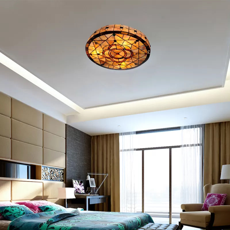 Tiffany Style Stained Glass Ceiling Light Fixture - 3-Light Drum Shade Flush Mount With Jeweled