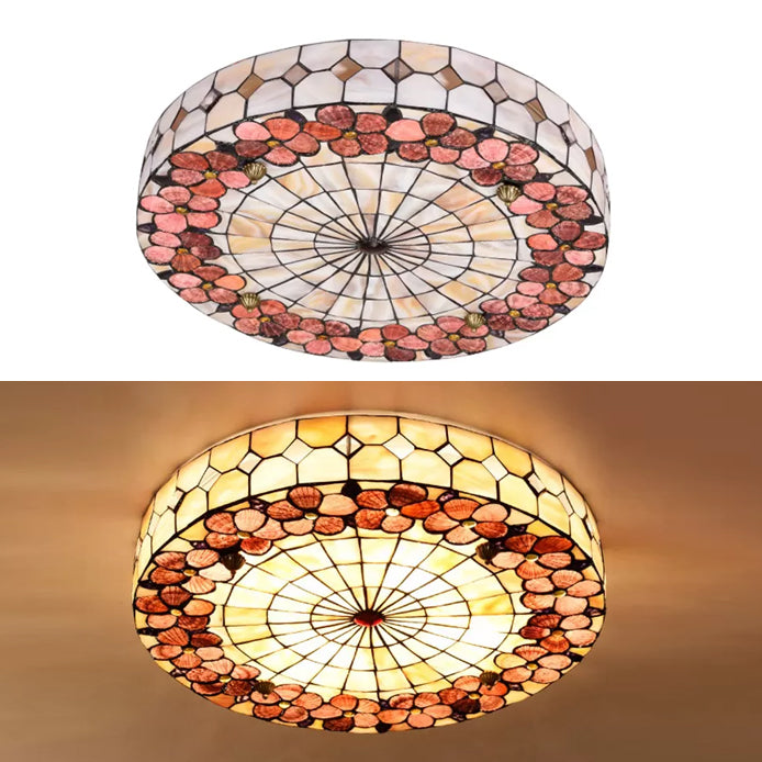 Tiffany Bedroom Ceiling Lights - 4 - Light Flush Mount Fixture With Stained Glass Drum Shade And