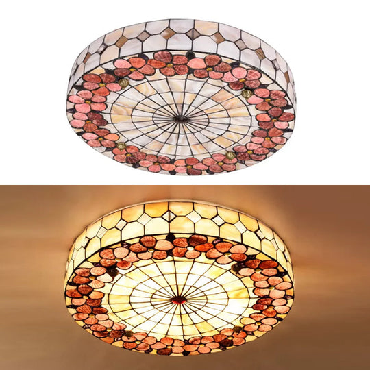 Tiffany Bedroom Ceiling Lights - 4-Light Flush Mount Fixture With Stained Glass Drum Shade And