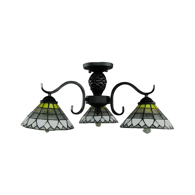 Black Tiffany Style Stained Glass Ceiling Light - 3 - Light Flush Mount For Bedroom