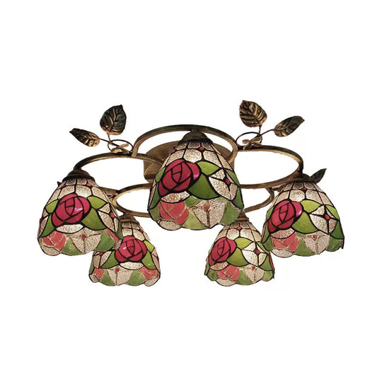 Red Rose Stained Glass Ceiling Light Fixture Tiffany Style Semi Flush 5 - Light With Bell Shade For