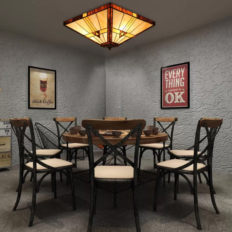 Mission Stained Glass Ceiling Light Fixture - 2 - Lights Small Flush Mount With Pyramid Shade