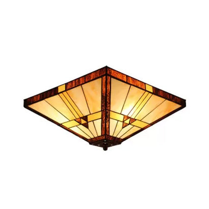 Mission Stained Glass Ceiling Light Fixture - 2-Lights Small Flush Mount With Pyramid Shade Bedroom