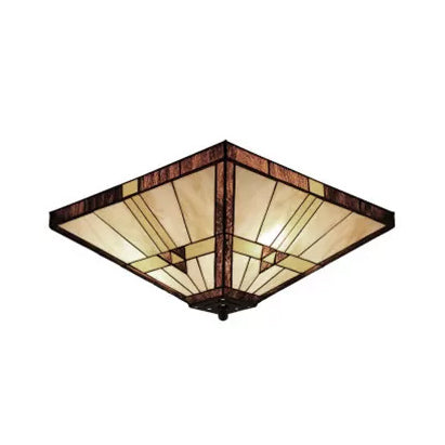 Mission Stained Glass Ceiling Light Fixture - 2 - Lights Small Flush Mount With Pyramid Shade