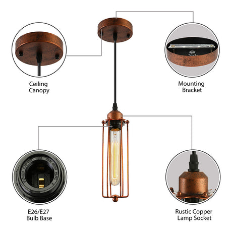 Vintage Style Dark Rust Tube Pendant Light With Wire Guard - Ideal For Kitchen Lighting