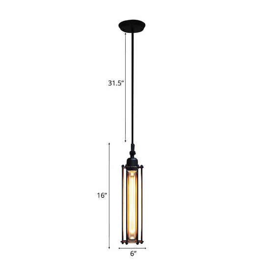 Industrial Metal Pendant Light With Tube Shade And Wire Guard - Black Finish