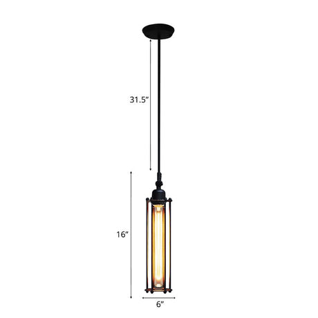 Industrial Hanging Pendant Light With Metal Wire Guard And Tube Shade In Black - Bedroom Lighting