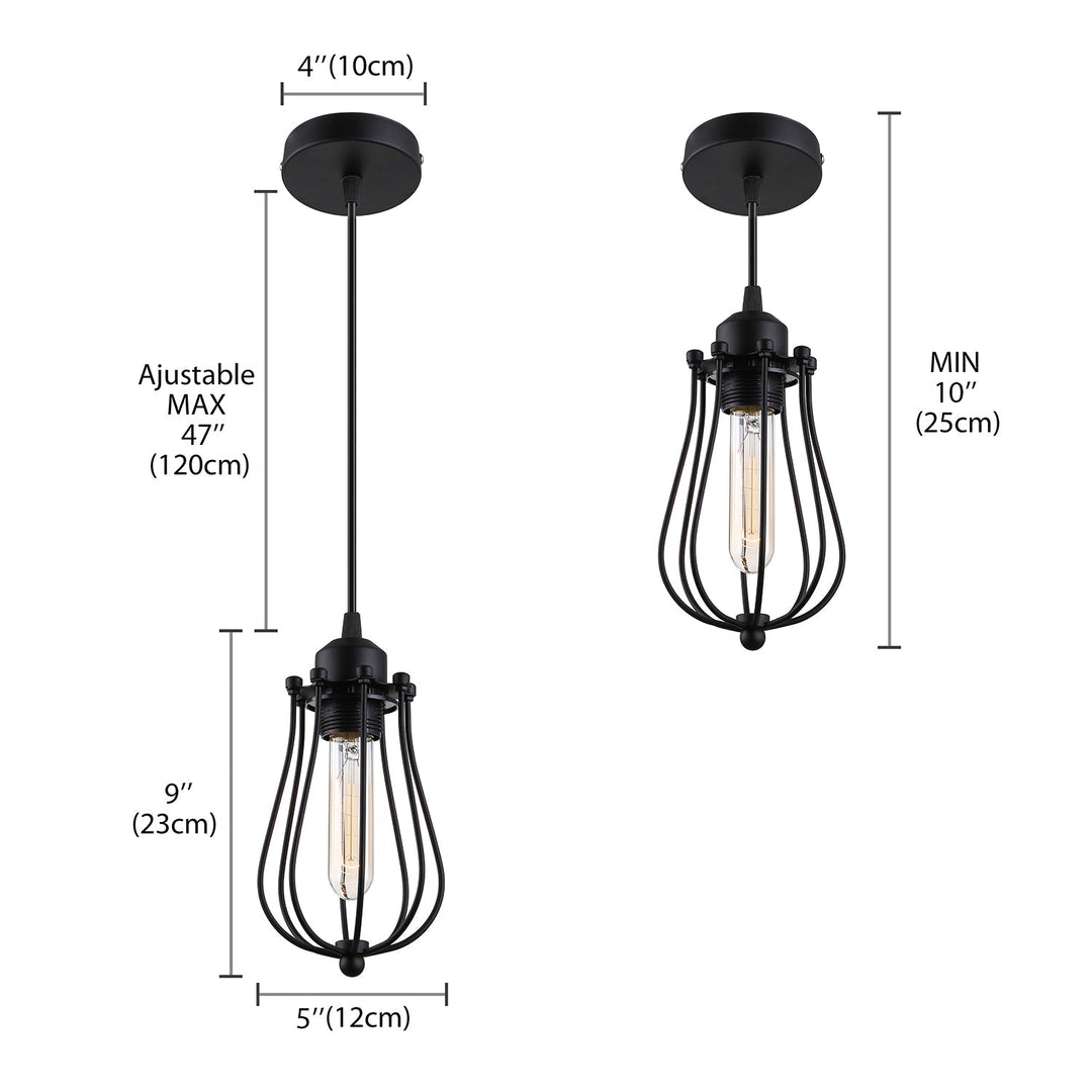 Retro Style 1-Light Pendant Lamp With Metal Cage Shade - Black