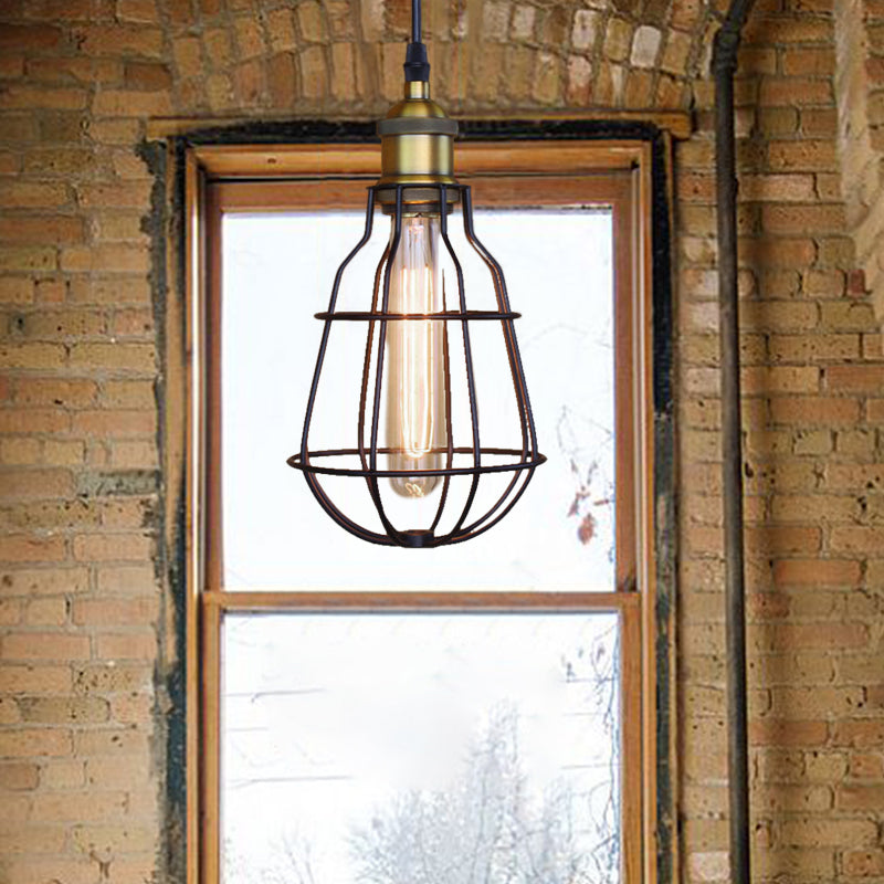 Vintage Metal Pendant Ceiling Light With Stylish Black Finish Cage Shade