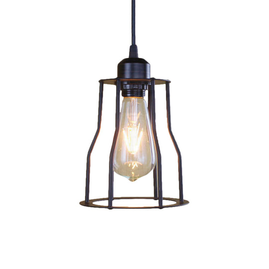 Industrial Style Hanging Ceiling Light With Metal Black Finish Cylinder Shade And Cage