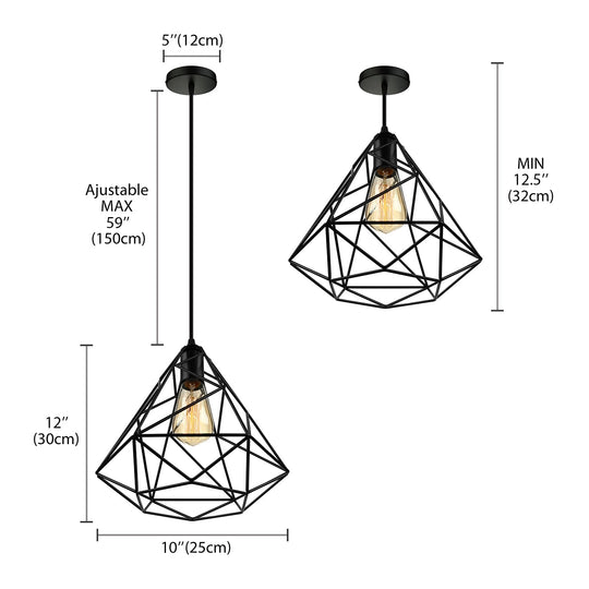 Black Open Cage Metallic Pendant Light For Retro Loft Dining Rooms