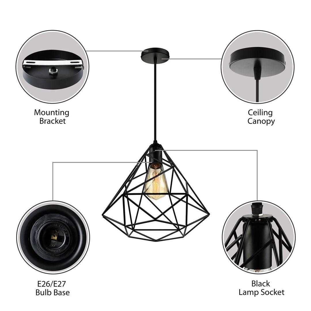 Black Open Cage Metallic Pendant Light For Retro Loft Dining Rooms