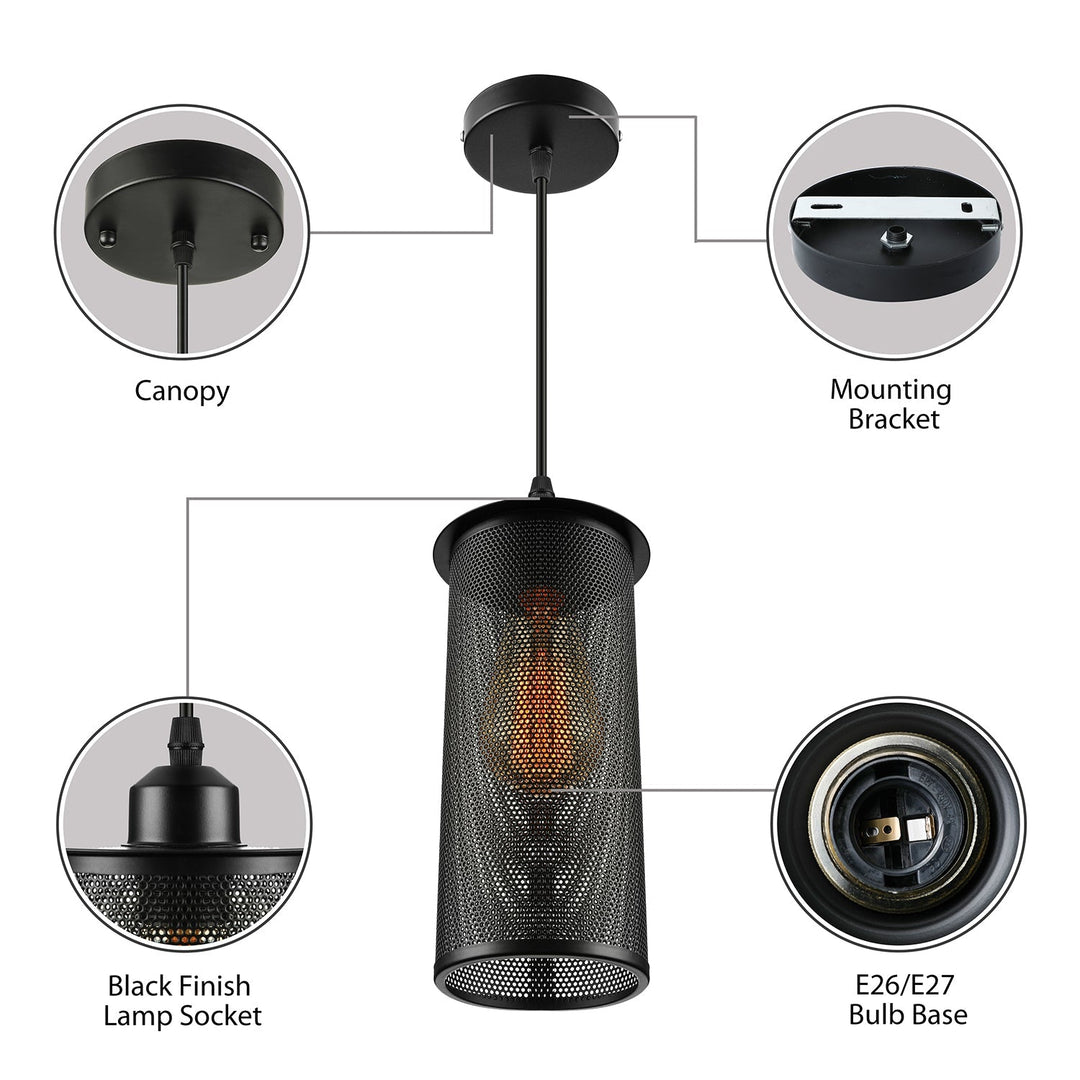 Industrial Black Metal Pendant Light With Mesh Screen - Living Room Hanging Lamp