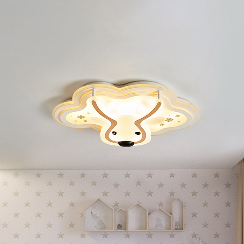 Kids’ Led Flush Ceiling Light - Deer Patterned Cloud Acrylic Bedroom Lamp In White